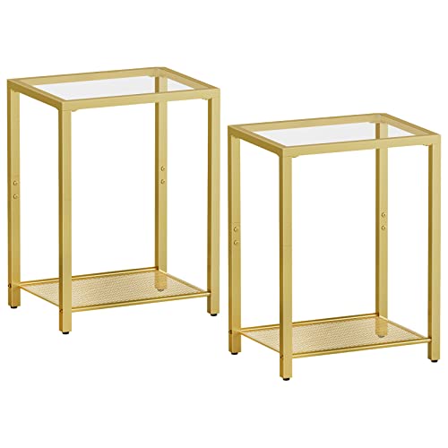 HOOBRO Set of 2 Side Tables, End Tables with 2 Shelves, Nightstands for Tight Spaces, Tempered Glass Bedside Tables, Modern Metal Frame, for Office, Bedroom, Living Room, Study, Gold GD76BZP201