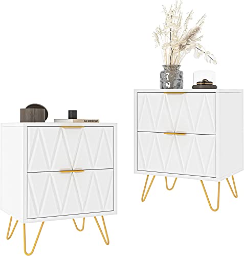 CIPACHO White Nightstands Set of 2, Modern End Side Tables Bedside Tables with 2 Drawers, Night Stand with Gold Legs for Living Room,Bedroom