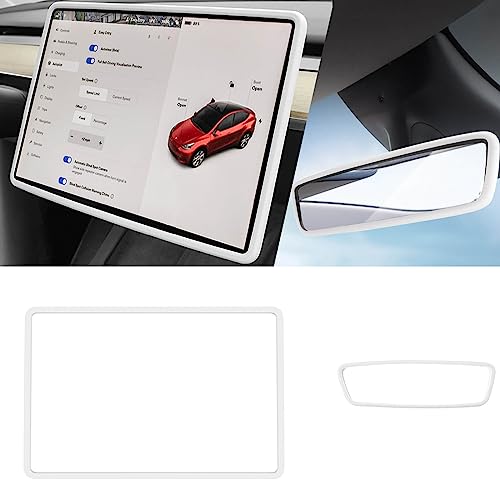 Yeapop 2Pcs Silicone Protector Frames of Screen and Rear View Mirror for Tesla Model 3 and Model Y.(White)