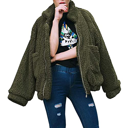 PRETTYGARDEN Women's 2023 Fashion Winter Coat Long Sleeve Lapel Zip Up Faux Shearling Shaggy Oversized Shacket Jacket (Green,Small)