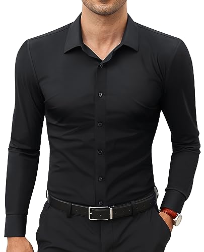 Lion Nardo Men's Stretch Dress Shirts Long Sleeve Muscle Fit Dress Shirts for Men Slim Fit Casual Button Down Shirts Black