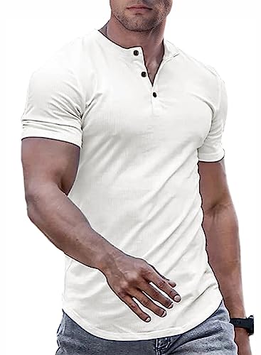 JMIERR Mens Muscle Slim Fit Button Henley Shirts Summer Crewneck Short Sleeve Longline Fitted T-Shirt Tees for Men,US 46(XL),A White