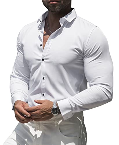 RPOVIG Men's Muscle Dress Shirts:Casual Button Down Long Sleeve Elasticity Athletic Fit Wrinkle-Free Shirt White