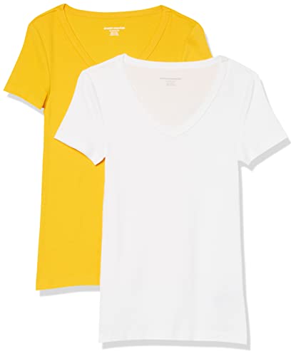 Amazon Essentials Women's Slim-Fit Short-Sleeve V-Neck T-Shirt, Pack of 2, White/Golden Yellow, Medium