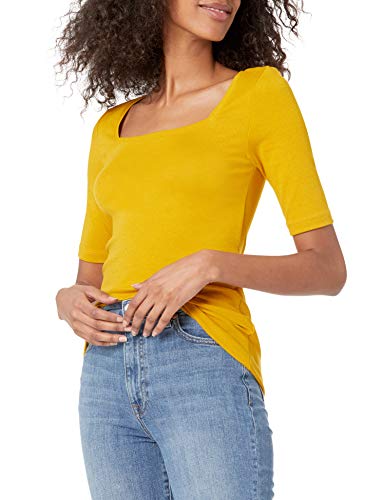 Amazon Essentials Women's Slim-Fit Half Sleeve Square Neck T-Shirt, Dark Yellow, Large