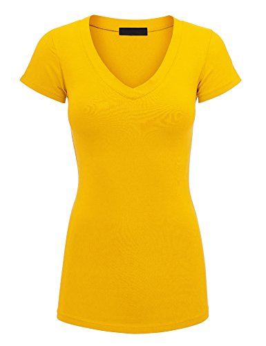 Lock and Love LL WT1606 Womens Basic Fitted Short Sleeve V-Neck T Shirt M Yellow