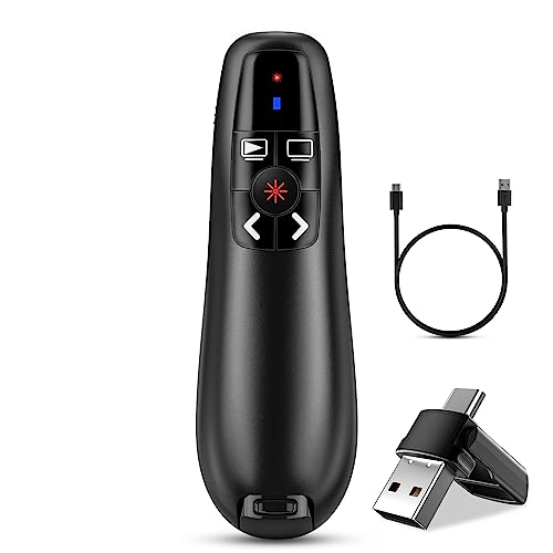 2-in-1 USB Type C Presentation Clicker, Clicker for PowerPoint Presentations, Rechargeable Wireless Presenter Remote, Pointer RF 2.4GHz USB PowerPoint Clicker Slide Advancer with Volume Control