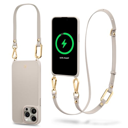 CYRILL Classic Charm Mag Compatible with iPhone 15 Pro Case for Women (2023), Premium Vegan Leather Crossbody Case with Strap Wristlet [Compatible with MagSafe] - Cream