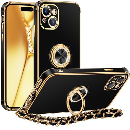 Miss Arts Designed for iPhone 15 Case, Ring Holder Stand Luxury Bling Electroplated Phone Case with Strap, Cute Soft TPU Designed for iPhone 15 Cover for Women Girls, Black