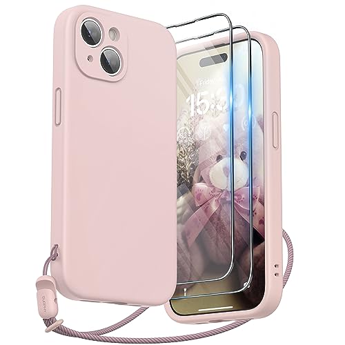 SURPHY Designed for iPhone 15 Case with Screen Protector and Lanyard, Phone Strap and Liquid Silicone Phone Case (Camera Protective + Soft Microfiber Lining) 6.1 inch 2023, Pink Sand