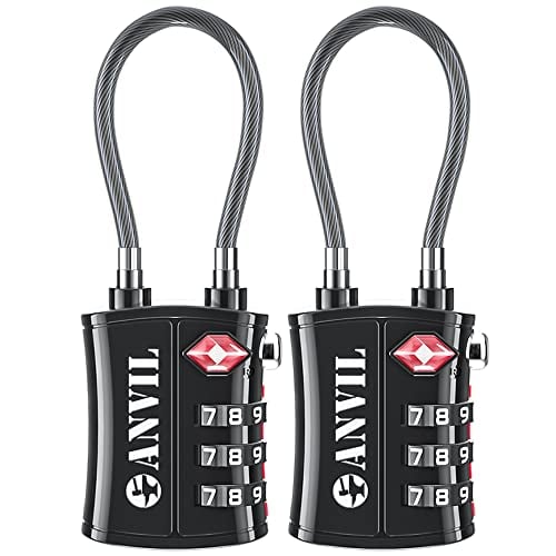 TSA Approved 3 Digit Luggage Cable Locks, Small Combination Padlock Ideal for Travel - 2 Pack (Black 2 Pack)