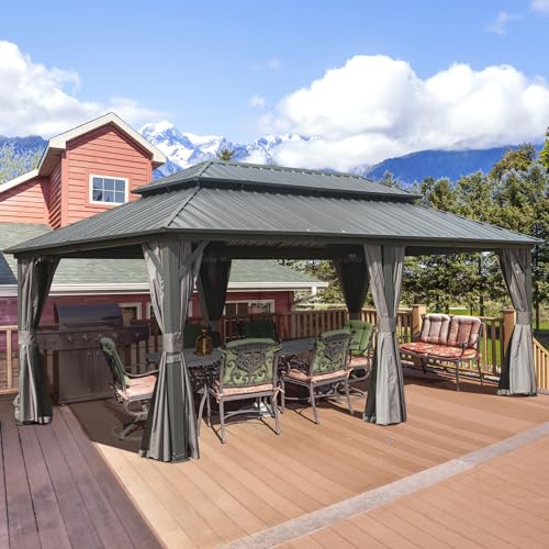 Domi 12 X 20 Hardtop Gazebo Canopy with Netting & Curtains, Outdoor Aluminum Gazebo with Galvanized Steel Double Roof for Patio Lawn and Garden, Gray