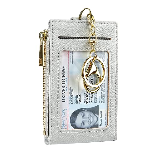 Cynure Women & Men Leather RFID Blocking Card Holder Slim Small Zipper Keychain Front Pocket Wallet with 2 ID Window, grey