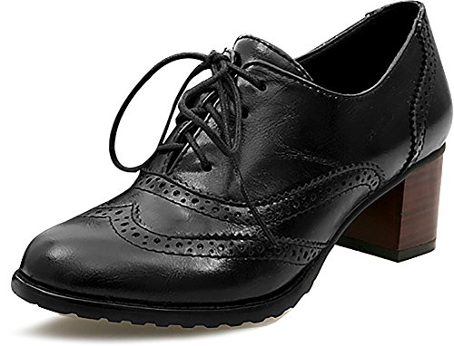Odema Womens PU Leather Oxfords Wingtip Lace up Mid Heel Pumps Shoes Black