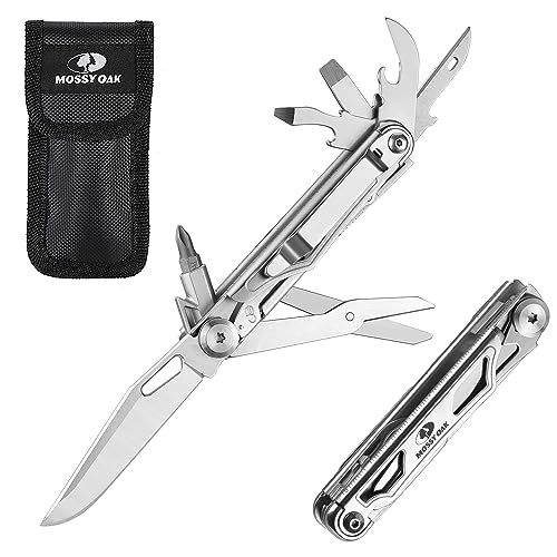 Mossy Oak 12-in-1 Multitool Pocket Knife with Pouch, Stainless Steel Multitool Knife with Clip, Survival Tools with Scissors, Bottle Opener, Wire Stripper, Glass Breaker, Screwdriver