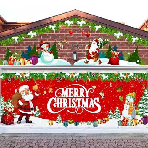 Arosche Extra Large Christmas Garage Door Cover 6 * 16Ft Christmas Garage Door Decorations Xmas Santa Claus Snowman Background Party Supplies for Garage Door Cover, Phoyography, Party Decor