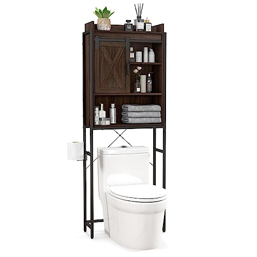 LOKO Over The Toilet Storage Cabinet, Freestanding Bathroom Space Saver with Adjustable Shelves & Sliding Barn Door, 4-Tier Over Toilet Bathroom Organizer, 25 x 9.5 x 67.5 inches (Espresso)