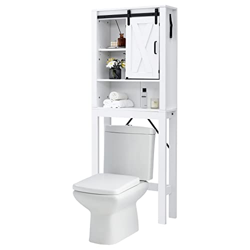 Giantex Over The Toilet Space Saver Cabinet - Freestanding Bathroom Storage Cabinet, 3-Position Adjustable Shelves, Above Toilet Organizer with Sliding Barn Door, 3-Tier Toilet Organizer Rack, White