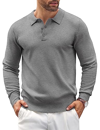 COOFANDY Mens Knit Polo Shirts Casual Long Sleeve Classic Polo Top Shirts Button Down Business Shirts Grey