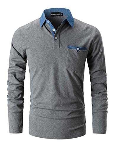 GHYUGR Men's Long Sleeve Polos Casual Tops Denim Splice Golf T-Shirt Poloshirts,L,Grey 1