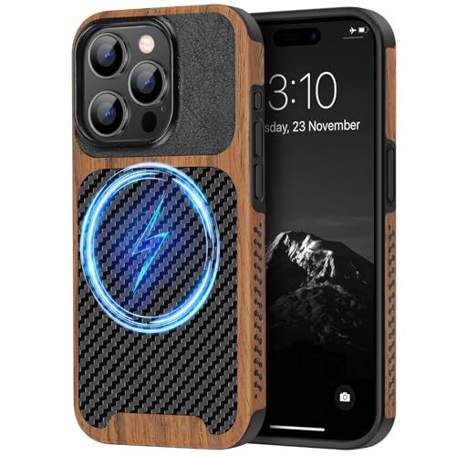 TENDLIN Magnetic Case Compatible with iPhone 15 Pro Case Wood Grain with Carbon Fiber Texture Design Leather Hybrid Slim Case (Compatible with MagSafe) Black