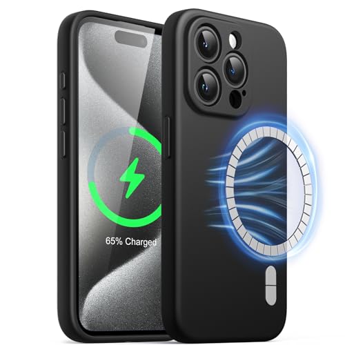 JETech Magnetic Silicone Case for iPhone 15 Pro 6.1-Inch, Compatible with MagSafe, Phone Cover with Camera Lens Full Protection (Black)