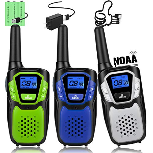 Walkie Talkies 3 Pack Rechargeable, Easy to Use Long Range Walky Talky Handheld Two Way Radio with NOAA for Hiking Camping (1Blue & 1Green & 1Silver with Relugar Micro-USB Charger/Batteries)