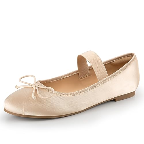 Trary Ballet Flats for Women, Mary Jane Shoes for Women, Women's Flats, Round Toe Flats Shoes Women, Comfortable Flats Shoes, Cute Bowknot Dress Shoes, Elastic Straps Flats Shoes for Women Apricot