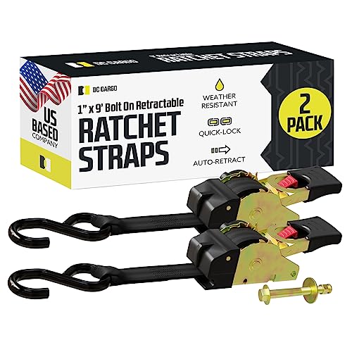 DC Cargo Bolt-on Auto Retractable Ratchet Straps - (2 Pack) 1 Inch x 9 Ft - 600 lbs Break Strength - Retractable Ratchet Tie Down Straps for Boats, Jet Skis, Motorcycles, ATVs