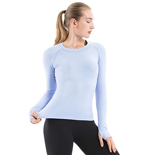 MathCat Seamless Workout Shirts for Women Long Sleeve Yoga Tops Sports Running Shirt Breathable Athletic Top Slim Fit (L, Wathet)