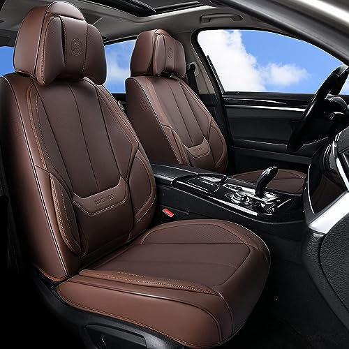 Coverado Front and Back Seat Covers 5 Pieces, Waterproof Nappa Leather Auto Seat Protectors Full Set with Head Pillow, Universal Car Accessories Fit for Most Sedans SUV Pick-up Truck, Brown