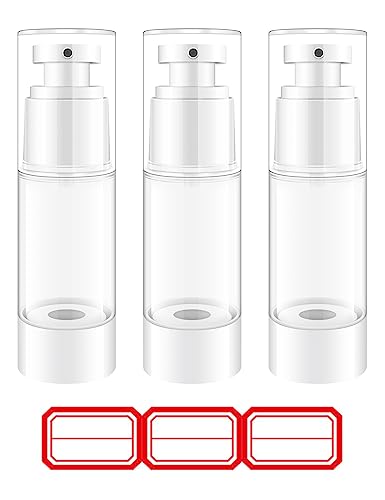 IAGBIBUI 1oz/30ml Airless Pump Bottles, Refillable Empty Travel Lotion Container, Plastic Cosmetic Dispenser with Bottle Labels for Cosmetics, Lotion, Essential oil, Shampoo (3 Pack)