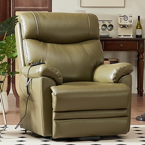 DYNOX Genuine Leather Lift Chair for Elderly with Airbag Massage and Seat Heating, Dual Motor Lay Flat Power Lift Recliner, Infinited Adjust for Back and Footrest(Green)