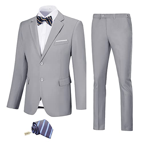 Men's Suit Slim Fit 2 Piece Grey Suits for Men Solid Jacket Pants with Tie Prom Wedding Homecoming Tuxedo Set M