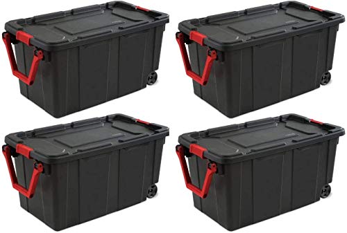 Sterilite 14699002 40 Gallon/151 Liter Wheeled Industrial Tote, Black Lid & Base w/Racer Red Handle & Latches, 4-Pack