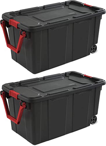 K&J CHIPMUNK Wheeled Industrial Tote 40 Gallon/151 Liter Black Lid & Base w/Racer Red Handle & Latches, 2-Pack