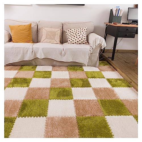 12 Pieces Puzzle Play Mat, Plush Interlocking Carpet Tiles, Square Fluffy Foam Floor Mat Tiles, 12"x12" Area Rugs for Bedroom Playroom(Color:Khaki+Green+Beige)