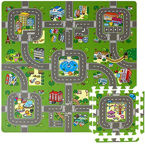 Sorbus Traffic Play mat Puzzle Foam Interlocking Tiles  Kids Road Traffic Play Rug - Children Educational Playmat Rug - Great for Playing with Toy Cars Trucks (9 Tiles with Borders)
