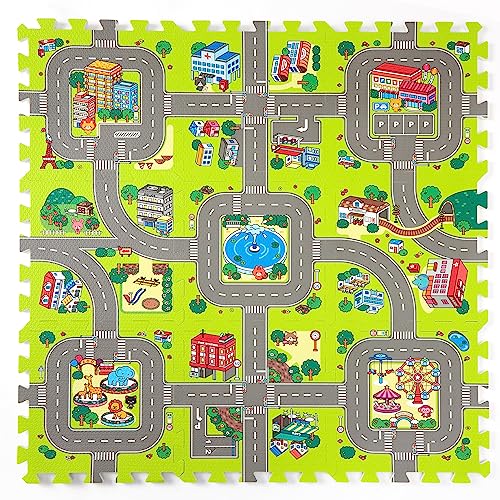 Baby Play Mats for Floor, PLAY 10 Foam Play Mat, City Road Track Puzzle Mat 9 Pieces