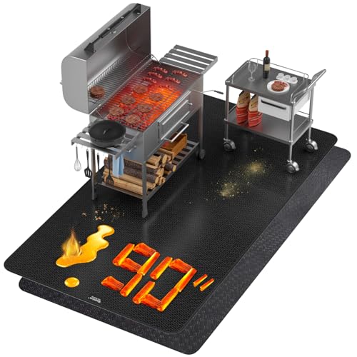Double Layer Thickened Large Under Grill Mats 90x48 inch, Fireproof Mat with Anti Slip Rug 2-in-1, Deck & Patio Protective Big Size Mats for Outdoor Charcoal, Smoker, Flat Top Griddle (GM9048 Plus)