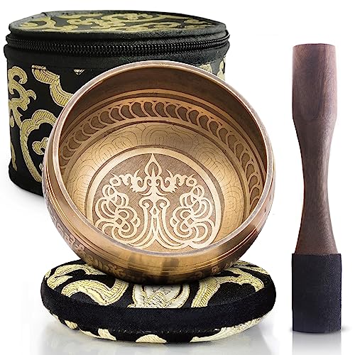 Tibetan Singing Bowl Set - Easy to Play- Dual-End Striker - Creates Beautiful Sound for Holistic Healing, Stress Relief, Meditation & Relaxation- Peace Pattern - Gold Bowl wIth box - Yoga singing bowl