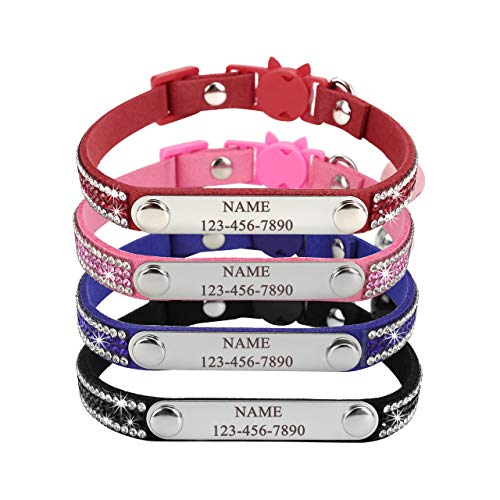 Mogoko Personalized Breakaway Cat Diamond Collar, Customized Bling Kitten Pet Collar with Engraved ID Name Plate and BellPink