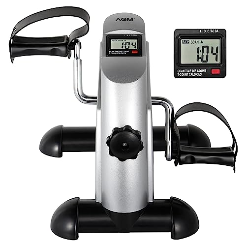 Mini Exercise Bike, AGM Under Desk Bike Pedal Exerciser Foot Cycle Arm & Leg Peddler Exerciser Machine with LCD Screen Displays (Sliver)