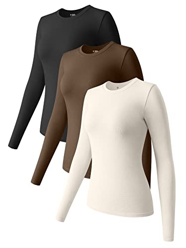 OQQ Women's 3 Piece Long Sleeve Shirt Crew Neck Stretch Fitted Underscrubs Layer, Black Coffee Beige, Medium
