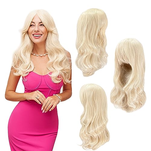 Watt's Wigs - Blonde Wavy 28" Long Hair Wig - Movie Quality Costume Blond Doll Barber Wig with Straight Bangs