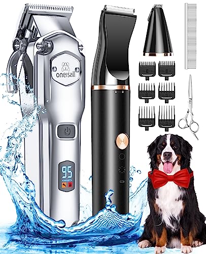 oneisall Dog Grooming Kit for Heavy Thick Hair&Coats/Low Noise Rechargeable Cordless Pet Shaver with Stainless Steel Blade and Dog Paw Trimmer/Waterproof Dog Shaver for Dogs Pets Animals