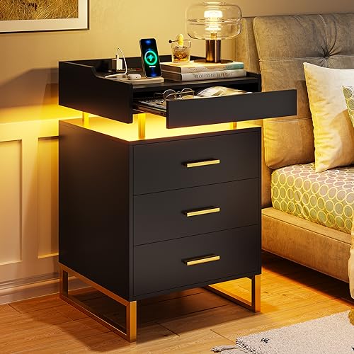 BTHFST LED Nightstand with Charging Station, Night Stand with 3 Drawers and 1 Pull-Out Tray, End Side Table with Storage, Bedside Table with LED Lights & Metal Legs, Black and Gold