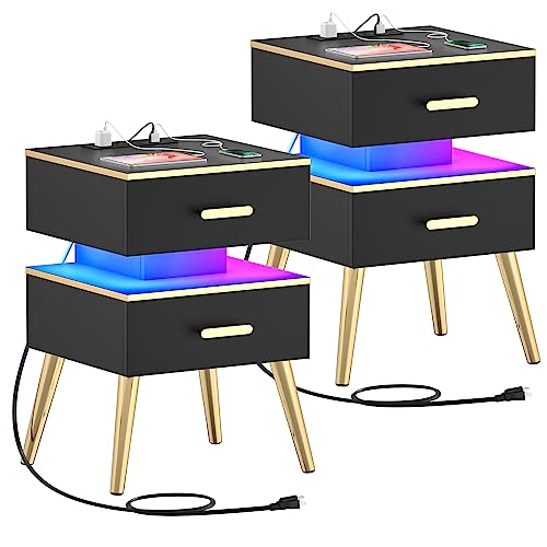Cyclysio Night Stand Set 2 with Charging Station, Black Modern Nightstand Set of 2, Bedside Tables with Led Lights, Bed Side Table Night Stand with Drawers for Bedroom and Sofa Side, 25'' Tall