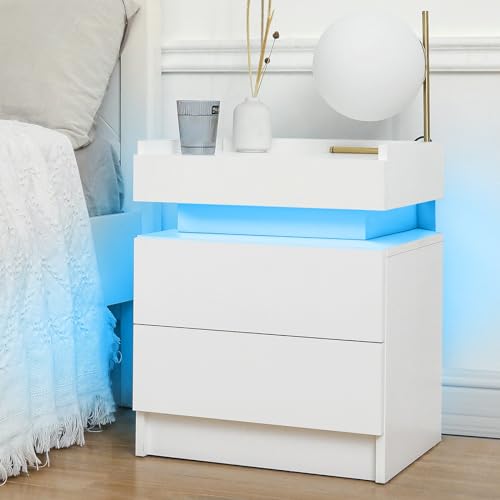 HOMMPA LED Nightstand White Nightstand with Led Lights Modern Night Stand with 2 High Gloss Drawers Led Bedside Table with Border Tabletop Smart Nightstand for Bedroom 21.5 Tall
