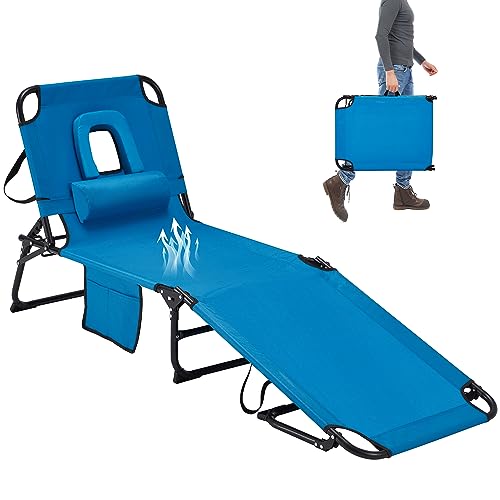 Outspurge 4-Fold Camping Cots for Adults, Patio Lounge Chair with Face Hole, Non-Slip Foot & Portable Handle, 300lbs Capacity, Heavy Duty Recliner Lounge Chair Outdoor for Patio, Yard, Blue